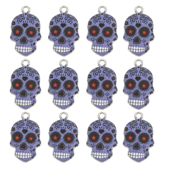 Picture of Zinc Based Alloy Halloween Charms Silver Tone Purple Sugar Skull Enamel 23mm x 15mm, 10 PCs