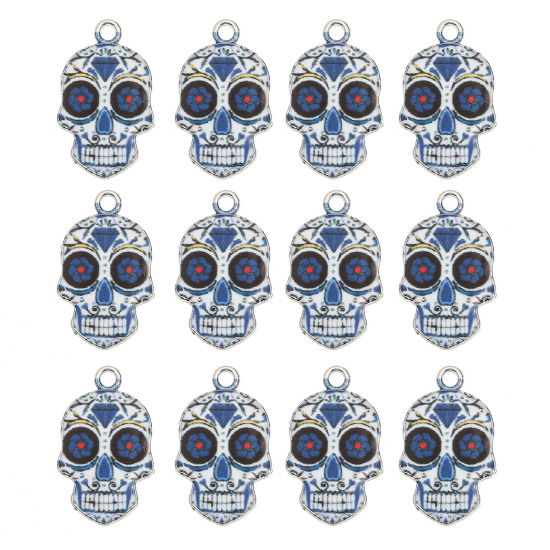 Picture of Zinc Based Alloy Halloween Charms Silver Tone White Sugar Skull Enamel 23mm x 15mm, 10 PCs