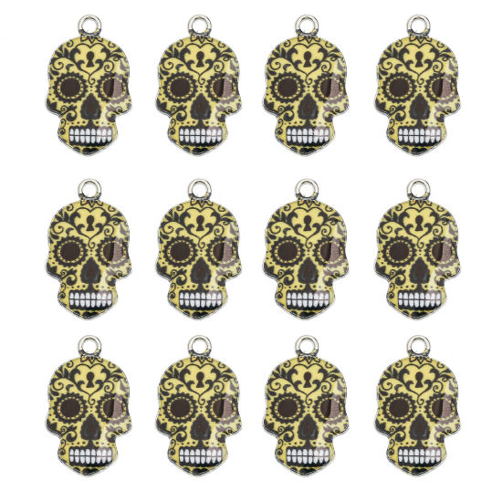 Picture of Zinc Based Alloy Halloween Charms Silver Tone Yellow Sugar Skull Enamel 23mm x 15mm, 10 PCs