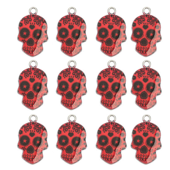 Picture of Zinc Based Alloy Halloween Charms Silver Tone Red Sugar Skull Enamel 23mm x 15mm, 10 PCs