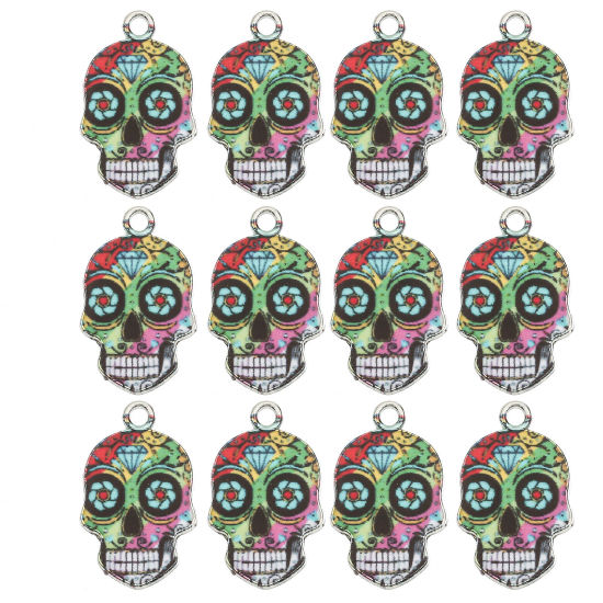 Picture of Zinc Based Alloy Halloween Charms Silver Tone Green Sugar Skull Enamel 23mm x 15mm, 10 PCs