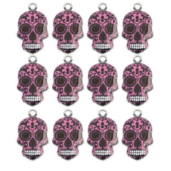 Picture of Zinc Based Alloy Halloween Charms Silver Tone Pink Sugar Skull Enamel 23mm x 15mm, 10 PCs