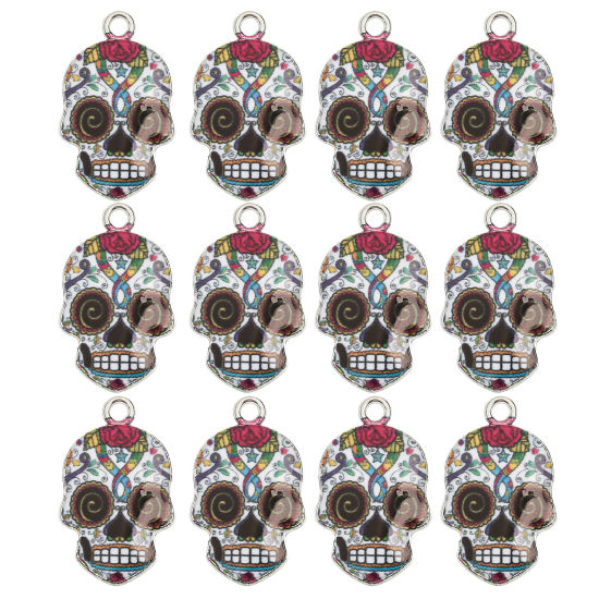 Picture of Zinc Based Alloy Halloween Charms Silver Tone White Sugar Skull Enamel 23mm x 15mm, 10 PCs