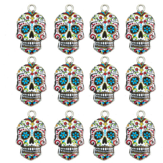 Image de Breloques Halloween en Alliage de Zinc Crâne Mexicain Argent Mat Blanc Émail 23mm x 15mm, 10 Pcs