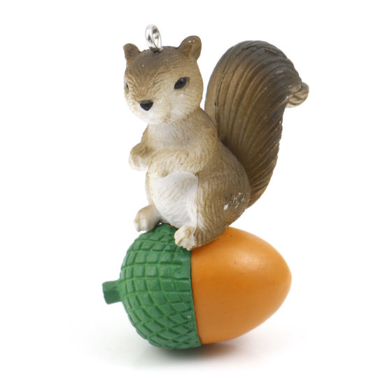Picture of Resin 3D Pendants Squirrel Animal Acorn Silver Tone Taupe 5cm x 3.9cm, 2 PCs