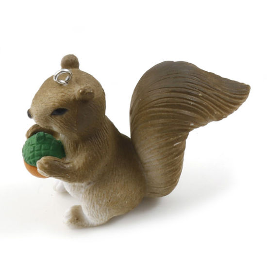 Picture of Resin 3D Pendants Squirrel Animal Acorn Silver Tone Taupe 5.2cm x 4cm, 2 PCs