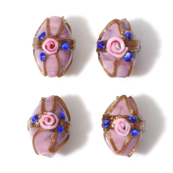 Picture of Lampwork Glass Beads Oval Pale Pinkish Gray Flower About 17mm x 13mm, Hole: Approx 1.8mm, 5 PCs