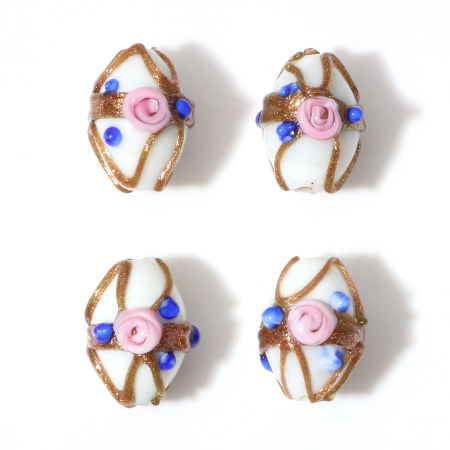 Picture of Lampwork Glass Beads Oval White Flower About 17mm x 13mm, Hole: Approx 1.8mm, 5 PCs