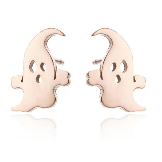 Picture of Titanium Steel Halloween Ear Post Stud Earrings Rose Gold Ghost Hollow 11mm x 8mm, 3 Pairs