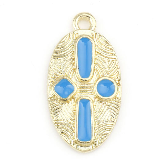 Immagine di Lega di Zinco Religione Charms Ovale Oro Placcato Blu Croce Smalto 23mm x 12mm , 10 Pz