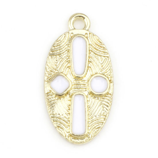 Immagine di Lega di Zinco Religione Charms Ovale Oro Placcato Bianco Croce Smalto 23mm x 12mm , 10 Pz