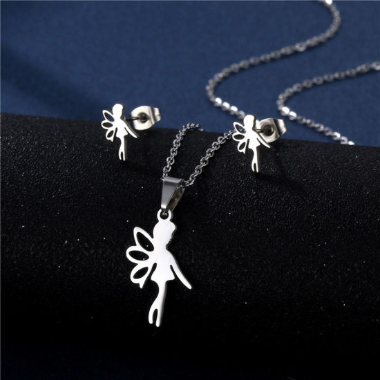 Picture of Stainless Steel Fairy Tale Collection Jewelry Necklace Earrings Set Silver Tone Fairy Hollow 45cm(17 6/8") long, 17mm x 15mm, 1 Set