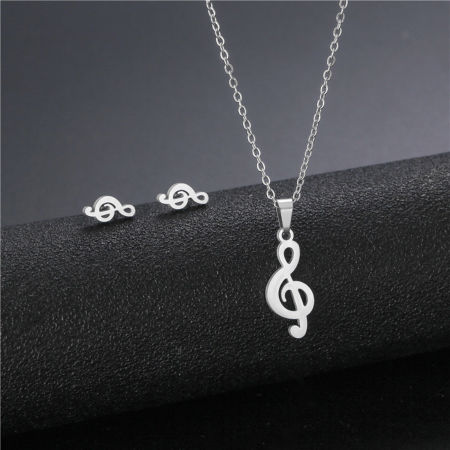 Image de Kit Parure Ensemble de Colliers Boucles d'Oreilles en Acier Inoxydable Style Ins Argent Mat Note Musicale Creux 45cm Long, 17mm x 15mm, 1 Kit