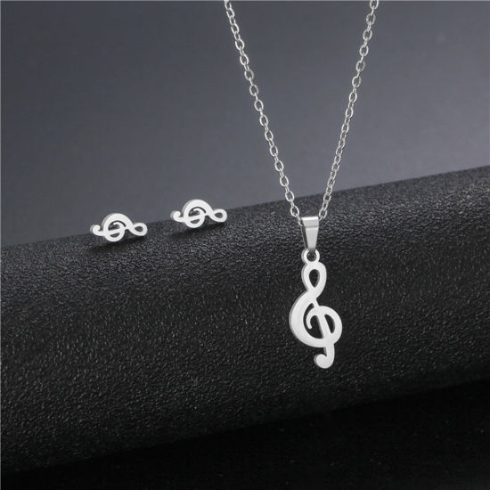 Picture of Stainless Steel Ins Style Jewelry Necklace Earrings Set Silver Tone Musical Note Hollow 45cm(17 6/8") long, 17mm x 15mm, 1 Set