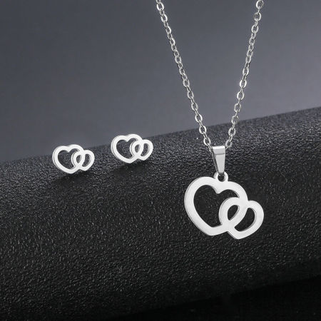 Picture of Stainless Steel Valentine's Day Jewelry Necklace Earrings Set Silver Tone Heart Hollow 45cm(17 6/8") long, 17mm x 15mm, 1 Set