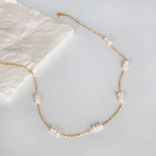 Picture of Pearl & Brass Ins Style Choker Necklace 14K Real Gold Plated Beaded 35cm(13 6/8") long, 1 Piece                                                                                                                                                               