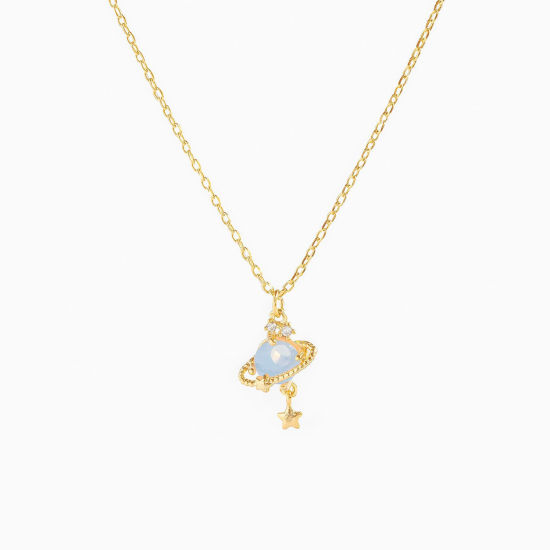 Picture of Brass Galaxy Necklace Planet Saturn Pentagram Star 18K Real Gold Plated Blue Clear Rhinestone 45cm(17 6/8") long, 1 Piece                                                                                                                                     