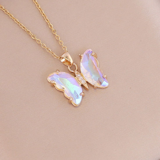 Picture of Brass & Glass Insect Necklace Butterfly Animal Gold Plated White 40cm(15 6/8") long, 1 Piece                                                                                                                                                                  