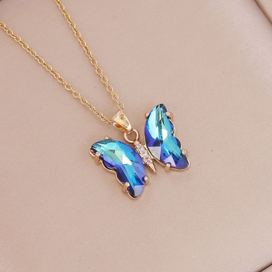 Picture of Brass & Glass Insect Necklace Butterfly Animal Gold Plated Dark Blue 40cm(15 6/8") long, 1 Piece                                                                                                                                                              