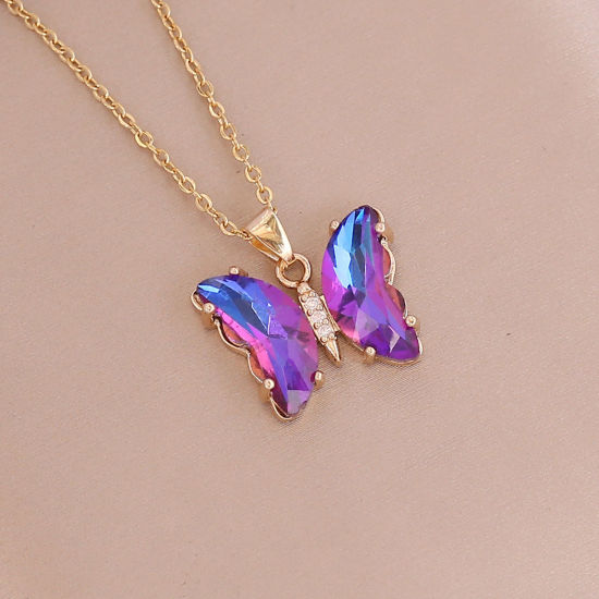Picture of Brass & Glass Insect Necklace Butterfly Animal Gold Plated Dark Purple 40cm(15 6/8") long, 1 Piece                                                                                                                                                            