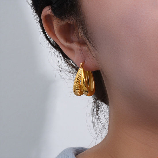 Picture of Stainless Steel Ins Style Hoop Earrings 18K Gold Plated U-shaped 25mm x 14mm, 1 Pair