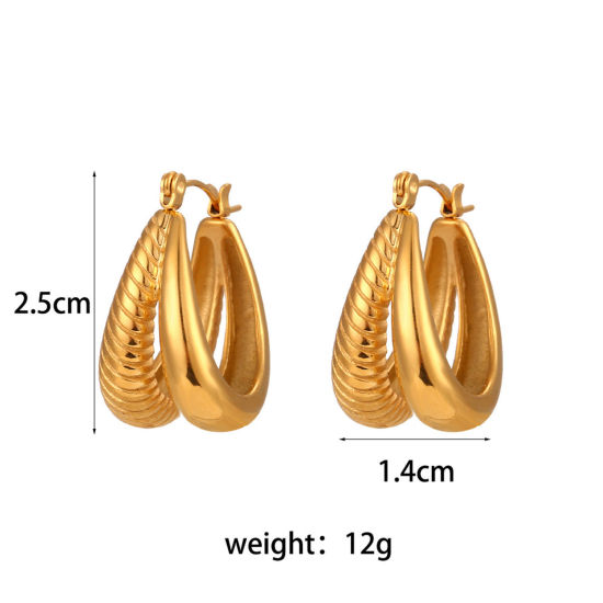 Picture of Stainless Steel Ins Style Hoop Earrings 18K Gold Plated U-shaped 25mm x 14mm, 1 Pair