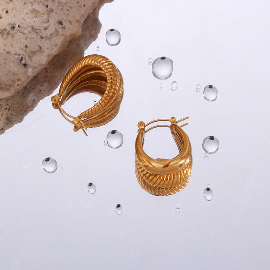 Picture of Stainless Steel Ins Style Hoop Earrings 18K Gold Plated U-shaped 25mm x 14mm, 1 Pair