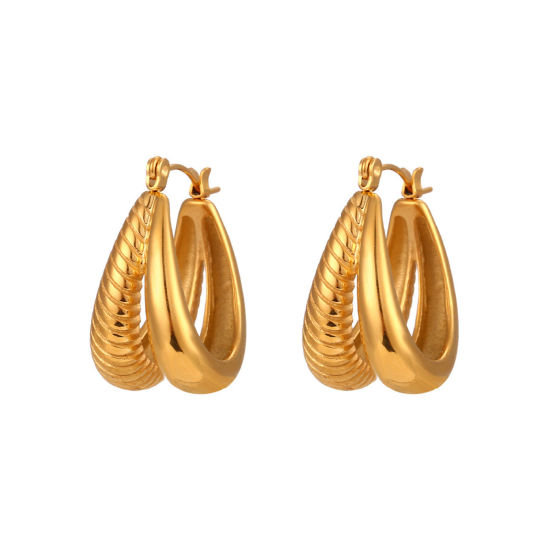 Picture of Stainless Steel Ins Style Hoop Earrings 18K Gold Plated U-shaped 25mm x 14mm, 1 Pair