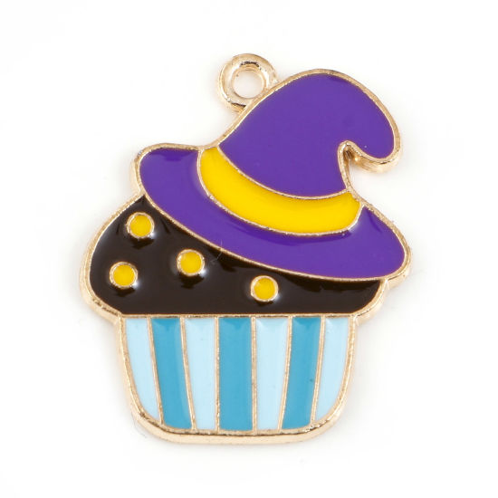 Picture of Zinc Based Alloy Halloween Charms Gold Plated Multicolor Witch Hat Cake Enamel 23mm x 16mm, 10 PCs