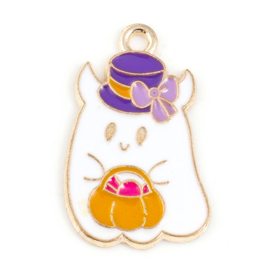Picture of Zinc Based Alloy Halloween Charms Gold Plated Multicolor Ghost Pumpkin Enamel 25mm x 16mm, 10 PCs
