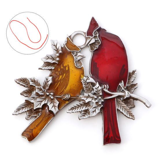 Bild von 1 Stück Zinklegierung Weihnachten Hängende Dekoration für Zuhause, Party, Anhänger Antik Zinn Rot Vögel Zweig Emaille 5.9cm x 5.7cm