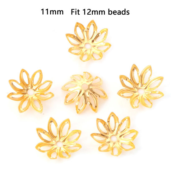 Bild von Eisenlegierung Perlkappen Blumen Vergoldet Hohl (für Perlengröße: 12mm D.) 11mm x 11mm, 100 Stück