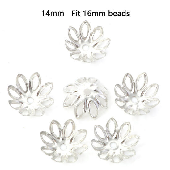 Bild von Eisenlegierung Perlkappen Blumen Silberfarbe Hohl (für Perlengröße: 16mm D.) 14mm x 14mm, 100 Stück