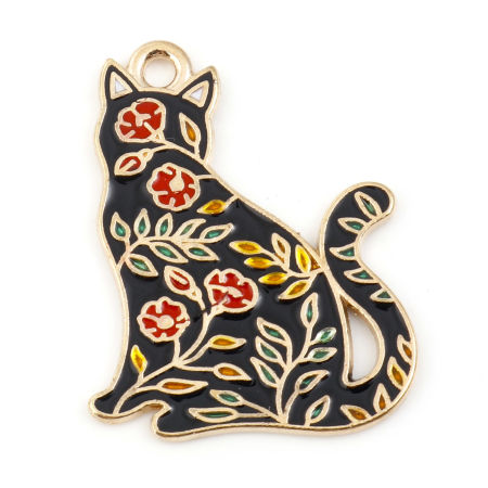 Picture of Zinc Based Alloy Charms Gold Plated Black & Red Cat Animal Flower Enamel 28mm x 22mm, 10 PCs