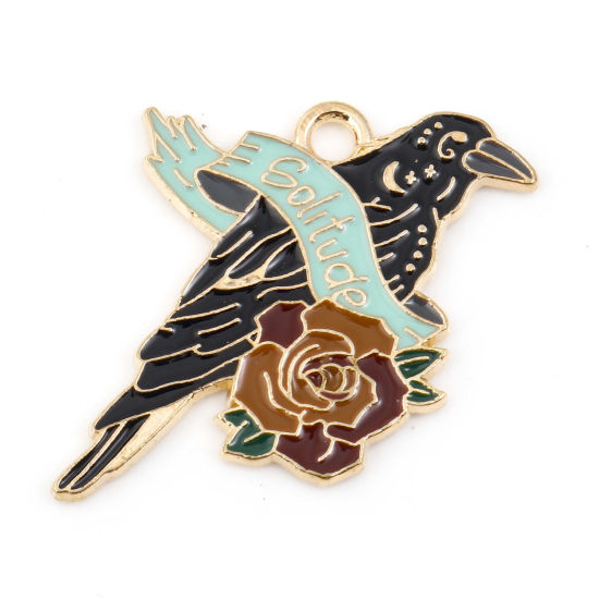 Picture of Zinc Based Alloy Halloween Charms Gold Plated Multicolor Crow Bird Flower Enamel 27mm x 22mm, 10 PCs