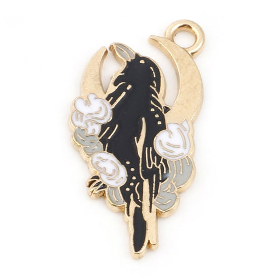 Picture of Zinc Based Alloy Halloween Charms Gold Plated Multicolor Crow Bird Moon Enamel 25mm x 17mm, 10 PCs