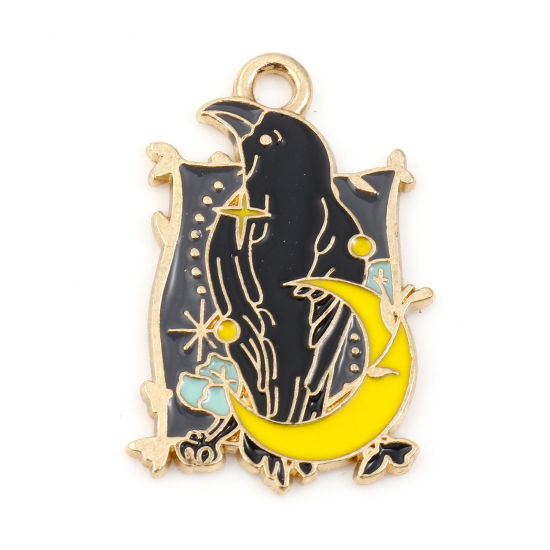 Picture of Zinc Based Alloy Halloween Charms Gold Plated Multicolor Crow Bird Moon Enamel 26mm x 16mm, 10 PCs