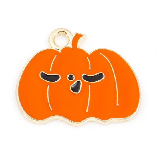 Immagine di Lega di Zinco Halloween Charms Zucca Oro Placcato Arancione Smalto 20mm x 17mm , 10 Pz