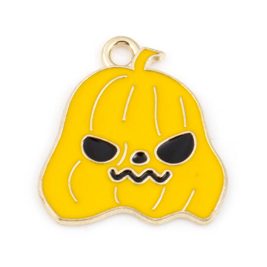 Immagine di Lega di Zinco Halloween Charms Zucca Oro Placcato Giallo Smalto 20mm x 19mm , 10 Pz