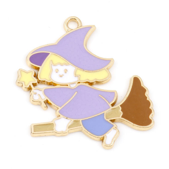 Immagine di Lega di Zinco Halloween Ciondoli Scopa Oro Placcato Giallo & Viola Halloween Strega Smalto 3.2cm x 3.1cm , 10 Pz