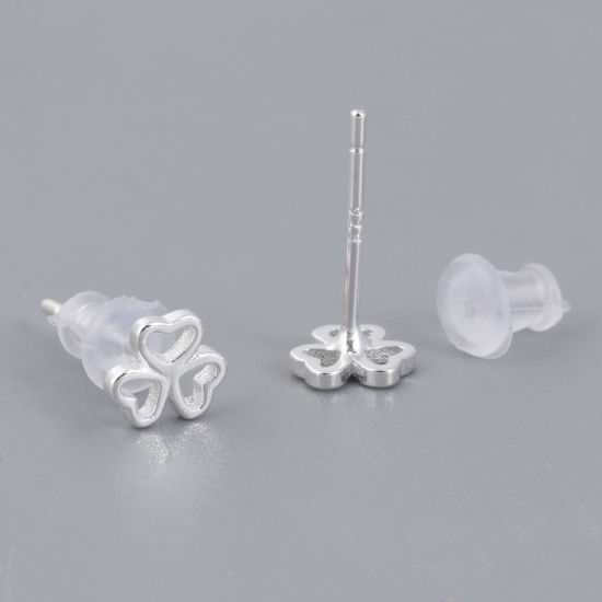 Picture of Sterling Silver Ins Style Ear Post Stud Earrings Silver Color Leaf Clover Heart Hollow 6mm x 5mm, Post/ Wire Size: (21 gauge), 1 Pair