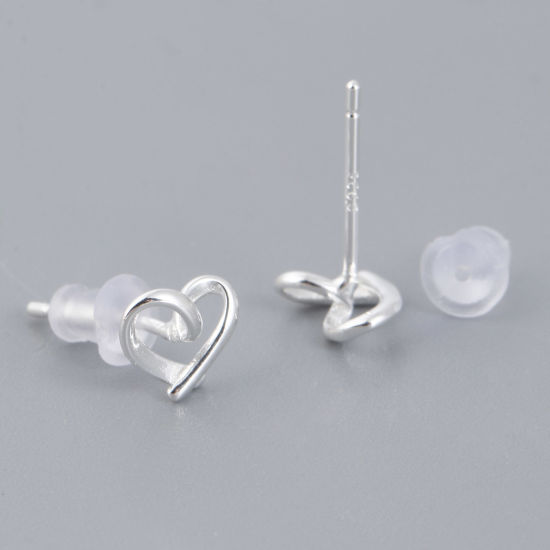 Picture of Sterling Silver Ins Style Ear Post Stud Earrings Silver Color Heart Hollow 7mm x 6mm, Post/ Wire Size: (21 gauge), 1 Pair