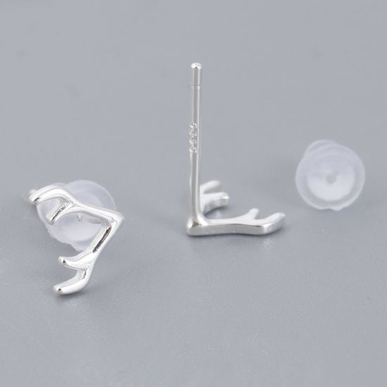 Picture of Sterling Silver Ins Style Ear Post Stud Earrings Silver Color Antler 7mm x 6mm, Post/ Wire Size: (21 gauge), 1 Pair