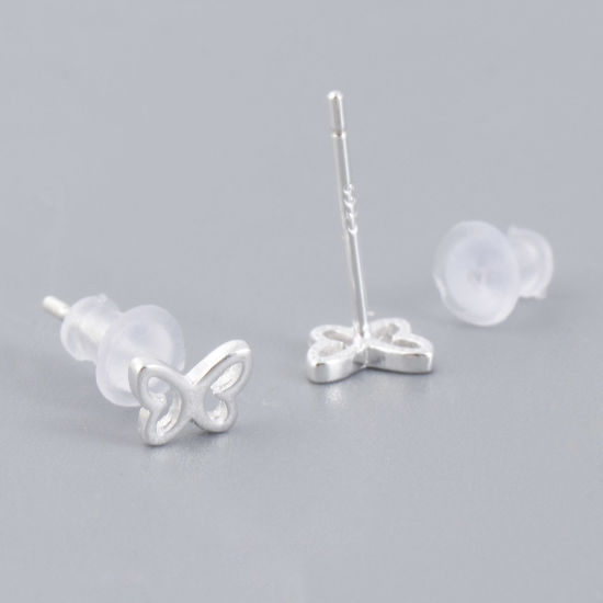 Picture of Sterling Silver Ins Style Ear Post Stud Earrings Silver Color Butterfly Animal Hollow 6mm x 4mm, Post/ Wire Size: (21 gauge), 1 Pair