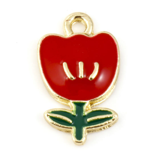 Imagen de Zamak Colgantes Charms Flor de Tulipán Chapado en Oro Rojo Esmalte 19mm x 12mm, 10 Unidades