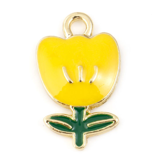 Imagen de Zamak Colgantes Charms Flor de Tulipán Chapado en Oro Amarillo Esmalte 19mm x 12mm, 10 Unidades