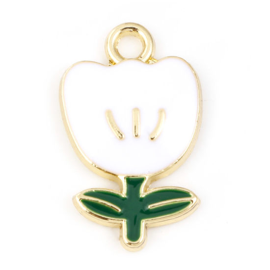 Imagen de Zamak Colgantes Charms Flor de Tulipán Chapado en Oro Blanco Esmalte 19mm x 12mm, 10 Unidades