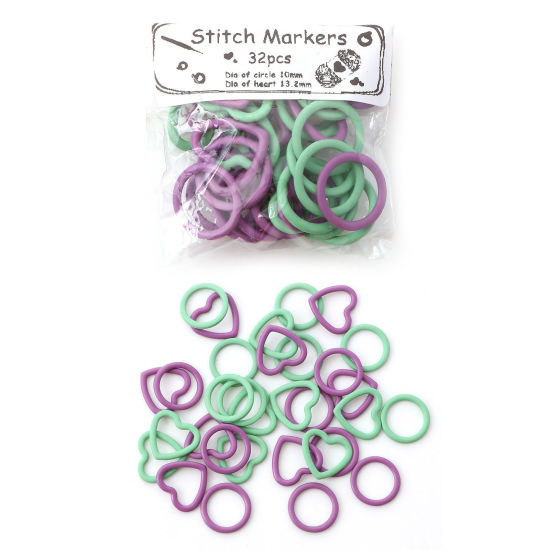 Bild von Zinklegierung Stricken Stitch Markers Herz Bunt Rund 12.5mm, 13mm x 12mm, 1 Set ( 32 Stücke/Set)