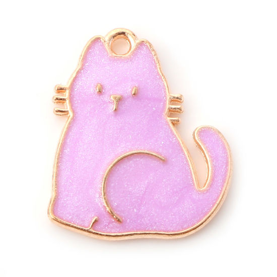 Picture of Zinc Based Alloy Charms Gold Plated Purple Cat Animal Enamel 20mm x 17mm, 10 PCs