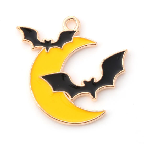 Bild von Zinklegierung Halloween Charms Halbmond Vergoldet Schwarz & Gelb Halloween Fledermaus Emaille 25mm x 24mm, 10 Stück